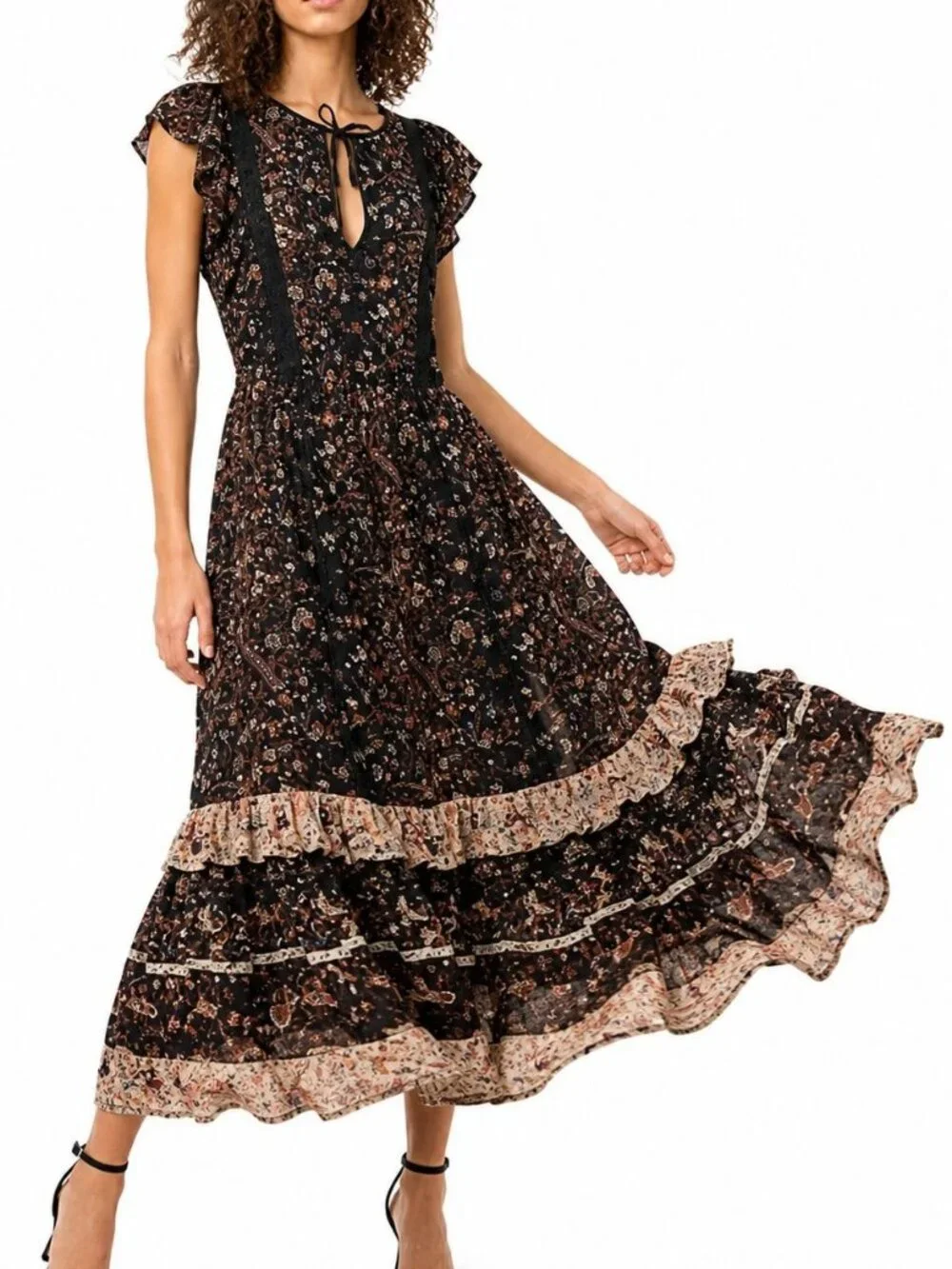 Ulla Johnson Zanna Silk Dress MIdnight Floral Ruffle Midi
